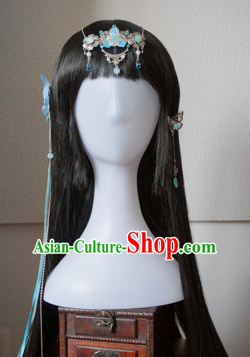 Traditional Chinese Princess Handmade Hair Accessories and Black Long Wigs