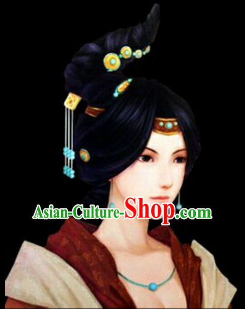 Chinese Ancient Style Ladies Long Black Wigs and Hair Jewelry