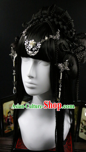 Chinese Traditional Handmade Princess Long Black WIgs and Hair Accessories Set