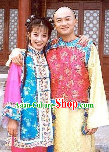 Chinese Traditional Manchu Noblewomen and Noblenen Costumes and Headpieces Complete Set