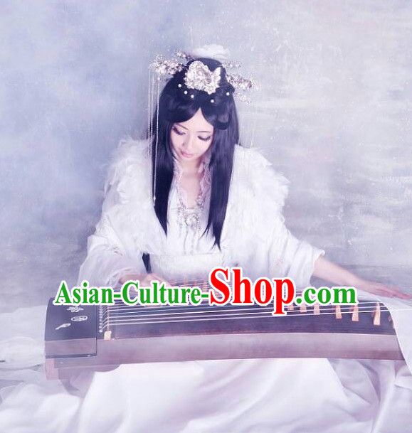 Chinese Classical White Musician Koto Costume Complete Set for Women