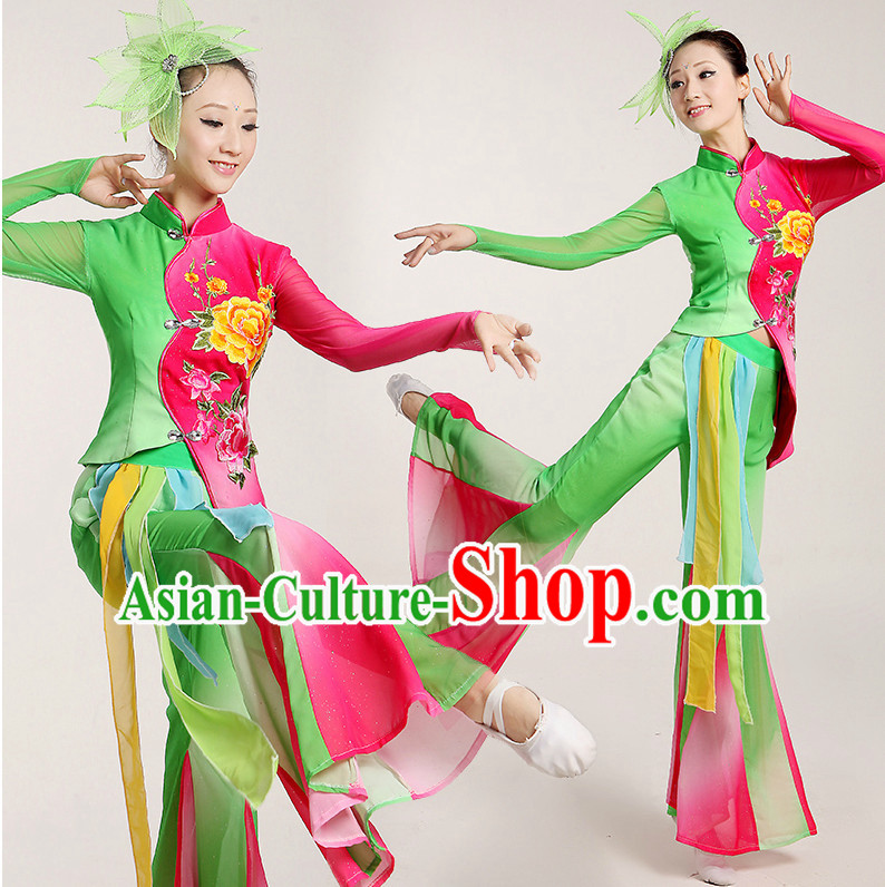 Chinese Folk Ribbon or Fan Dancing Costume and Headwear Complete Set for Women