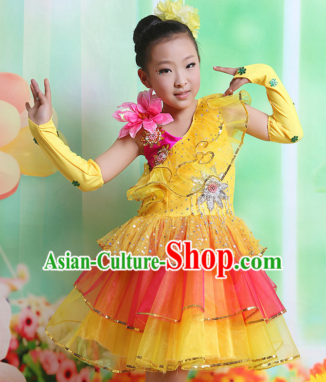 Chinese Fan Dancing Costume and Headwear Complete Set for Kids