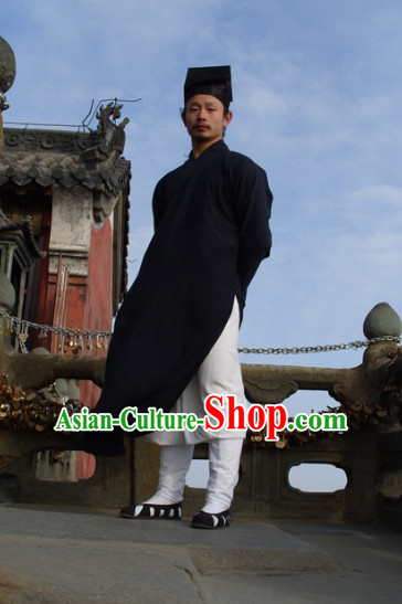 Chinese Dark Blue Taoist Clothing and Hat Complete Set for Men