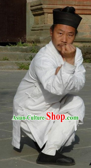 Chinese White Taoist Clothes and Hat Complete Set for Men
