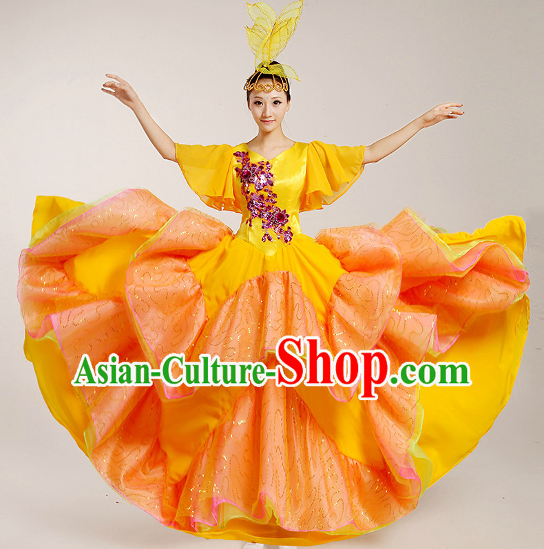 Chinese Flower Dancing Costumes and Headwear Complete Set for Women