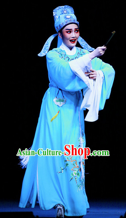 Asian Chinese Traditional Dress Theatrical Costumes Ancient Chinese Clothing Young Scholar Costumes and Hat Complete Set for Men or Women