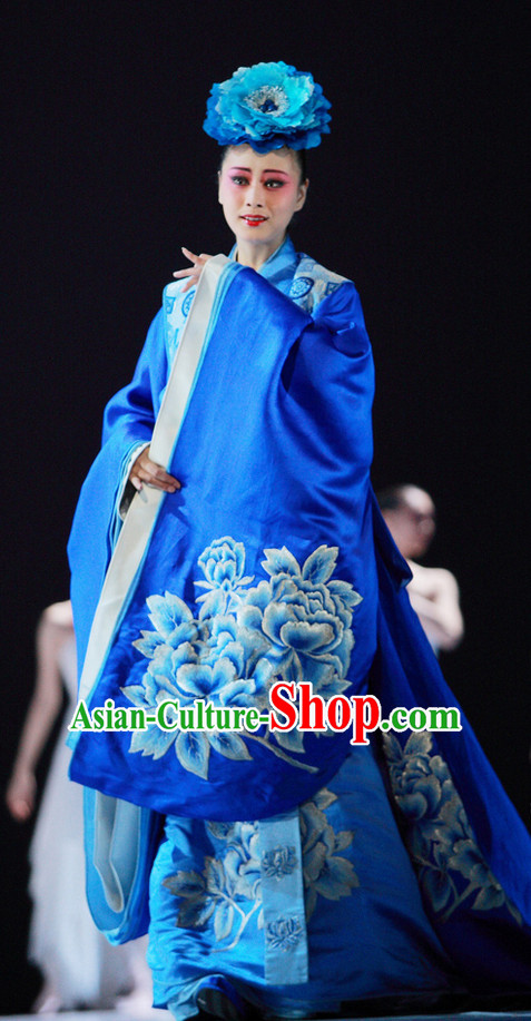 Blue Chinese Long Trail Empress Opera Costumes and Headwear Complete Set for Women