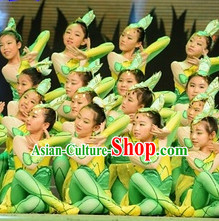 Chinese Green Leaf Dance Costumes and Headwear Complete Set
