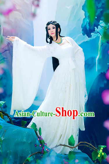 Chinese Ancient Pure White Fairy Clothes and Hair Accessories for Women