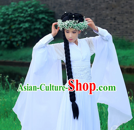 Chinese Traditional White Fairy Han Fu Clothes and Hair Decorations Complete Set