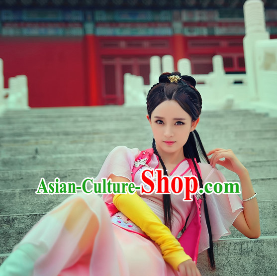 Chinese Traditional Han Fu Clothes Oriental Fairy Costumes and Hair Accessories Complete Set for Ladies