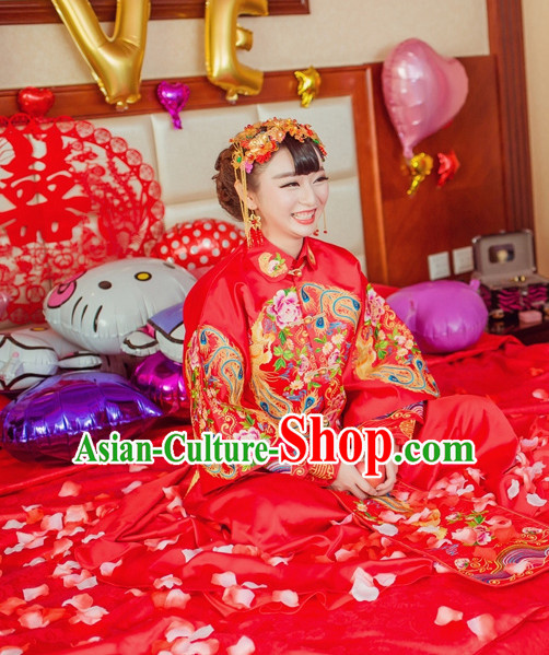 Phoenix Embroidery Chinese Ceremonial Wedding Dresses and Hair Accessories Complete Set for Brides