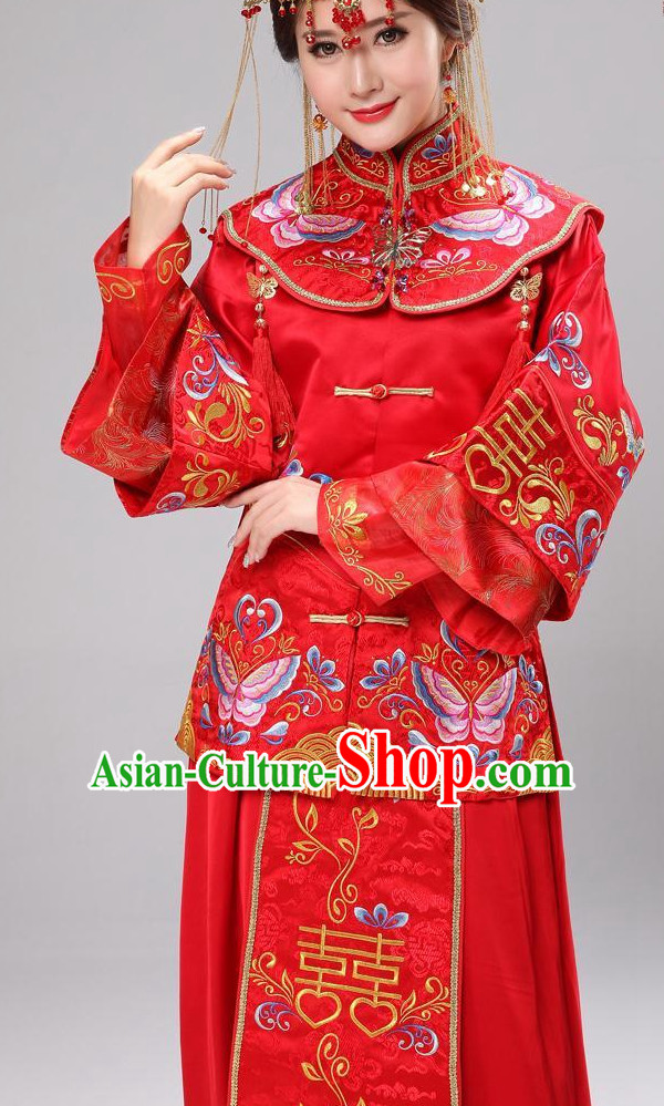 Double Happiness Chinese Wedding Dress and Hair Accessories Complete Set for Brides