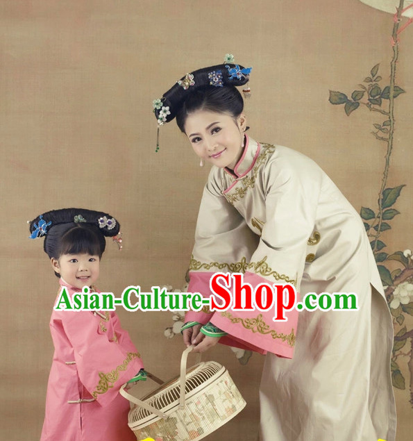Traditional Chinese Minguo Time Hanfu Dress Ancient Chinese Dress Clothing and Hair Accessories 2 Sets for Mother and Daughter