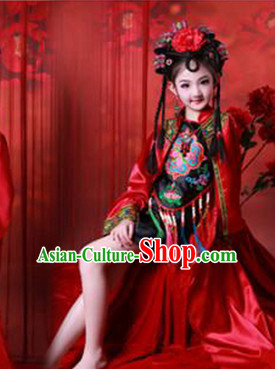 Traditional Chinese Photo Costume Dancer Classical Costume and Hair Accessories Complete Set for Children