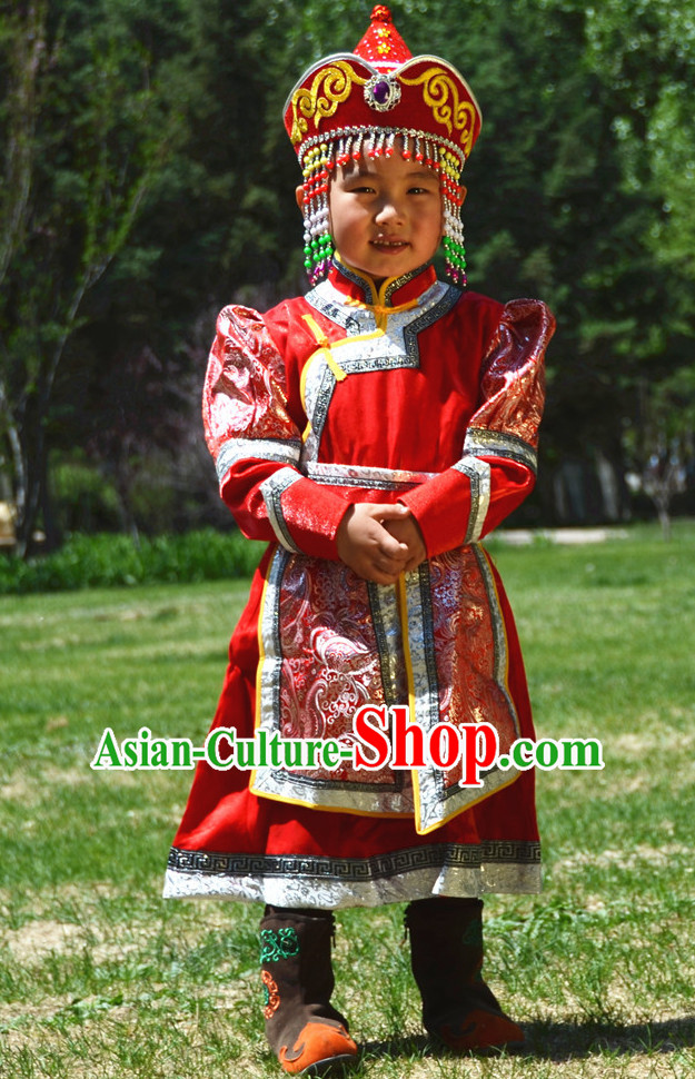 Traditional Chinese Photo Costume Mongolian Costume and Hat Complete Set for Kids