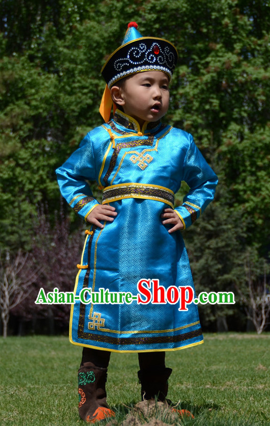 Traditional Chinese Photo Costume Mongolian Costumes and Hat Complete Set for Child