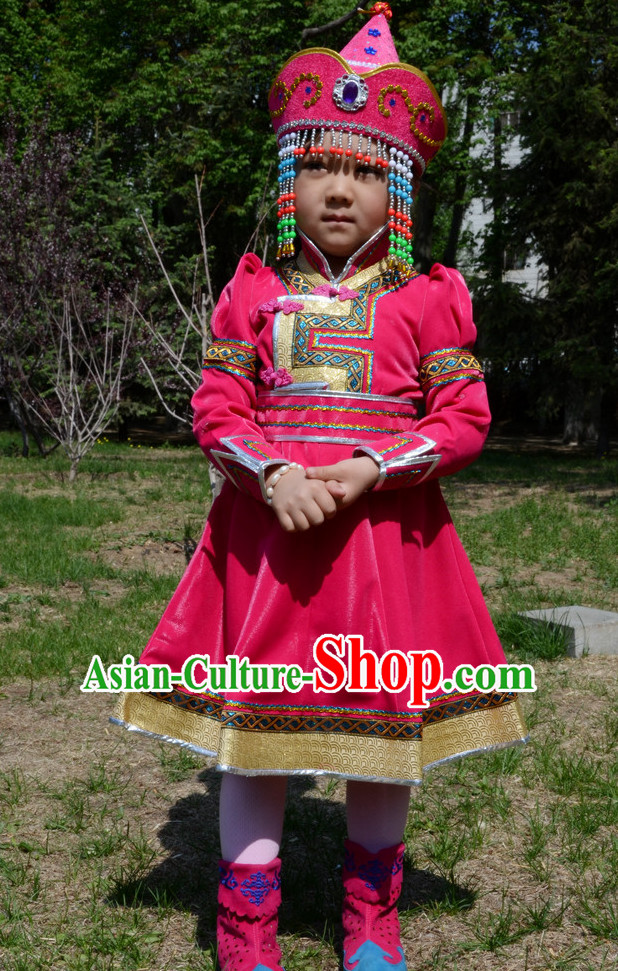 Traditional Chinese Photo Costume Mongolian Clothing and Hat Complete Set for Child