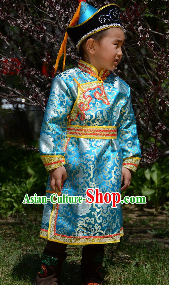 Traditional Chinese Photo Costume Mongolian Clothing and Hat Complete Set for Children