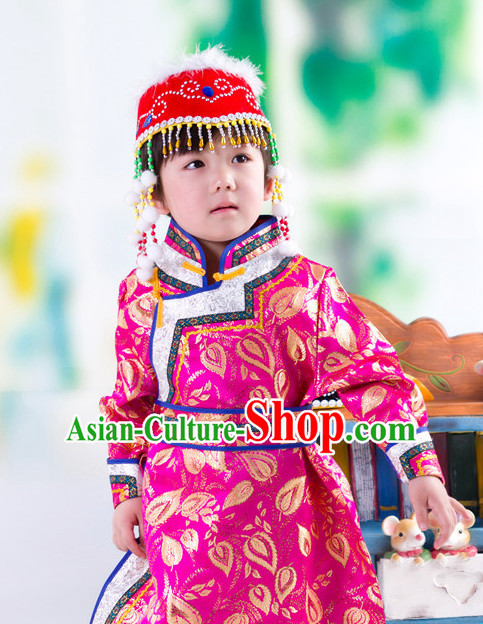 Traditional Chinese Mongolian Dress and Hat Complete Set Kids