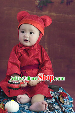 Traditional Chinese Photo Costume Hanfu Dress and Hat Complete Set for Children