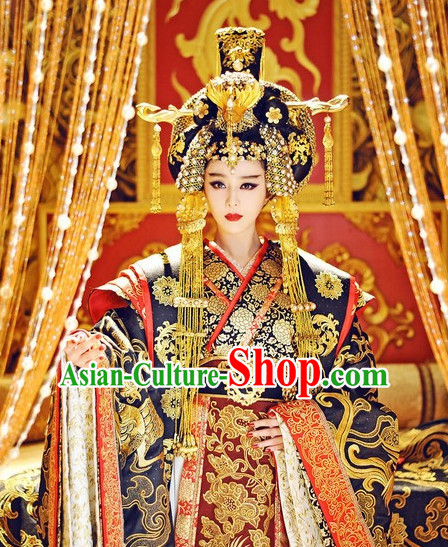 Traditional Chinese Wu Zetian Female Emperor Dragon Robe and Crown Complete Set