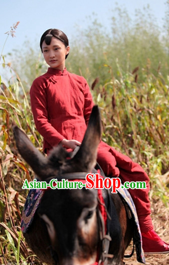 Chinese Traditional Autumn and Winter Clothing Mandarin Blouse and Pants Complete Set for Women
