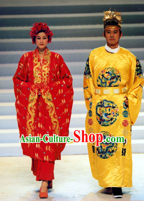 Ancient Chinese Emperor and Empress Costumes and Headwear 2 Sets