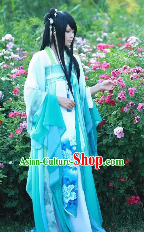 Blue White Ancient Chinese Poetess Costume Complete Set for Women