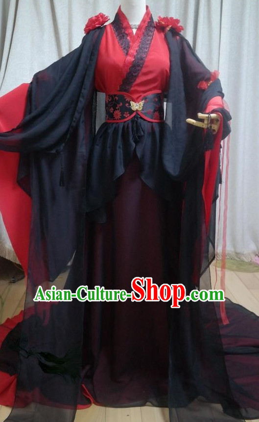 Red Black Ancient Chinese Swordwoman Clothes Complete Set for Women