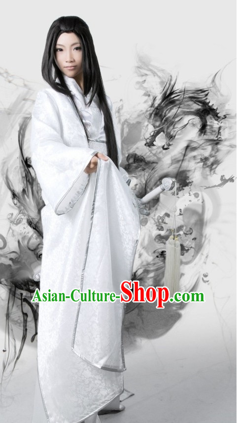 Pure White Traditional Chinese Swordsman Costumes and Long Wigs Complete Set for Men