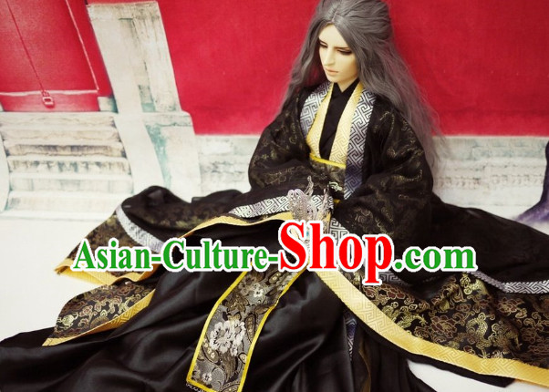 Black Traditional Chinese Swordsman Costumes and Long Wigs Complete Set for Men