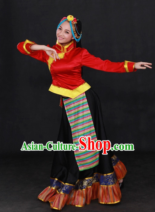 Traditional Chinese Ethnic Tibet Nationality People Folk Dresses and Hat Complete Set for Women