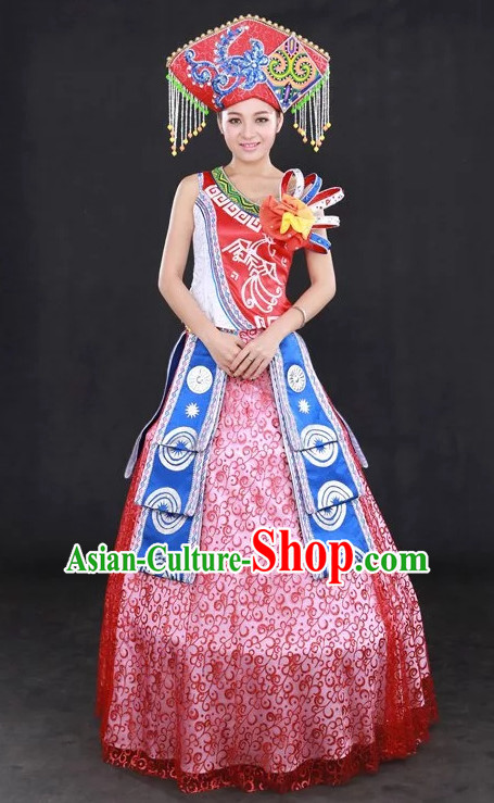 Traditional Chinese Zhuang People Folk Dresses and Hat Complete Set for Women