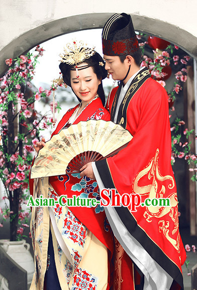 Red Chinese Ancient Wedding Dresses and Headwear Complete Sets for Men and Women