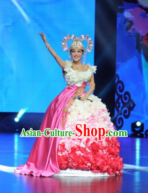 Asian Stage Performance Flower Dance Costumes and Headwear Complete Set for Women
