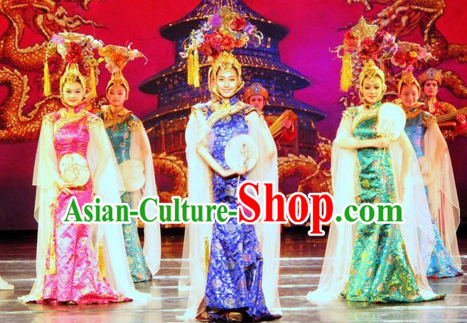 Blue Qing Style Dress and Hair Decorations for Women