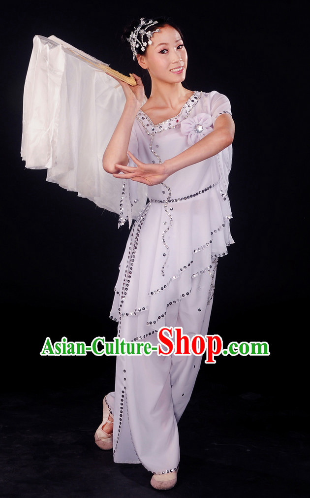 Chinese Pure White Dance Costumes and Headwear Complete Set for Women
