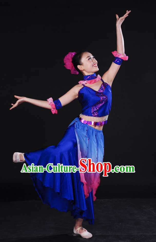 Asian Deep Blue Ocean Dancewear and Headwear Complete Set for Women