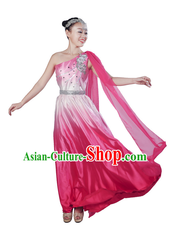Chinese Color Transition Dance Dresses and Headwear Complete Set for Women