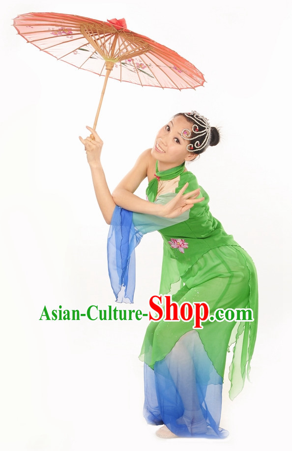 Green Lotus Dance Costume Dance Dresses and Hair Jewelry Complete Set for Women