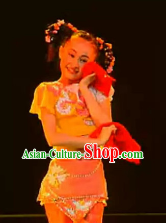 Chinese Folk Handkerchief Dancing Costume and Headwear Complete Set for Children