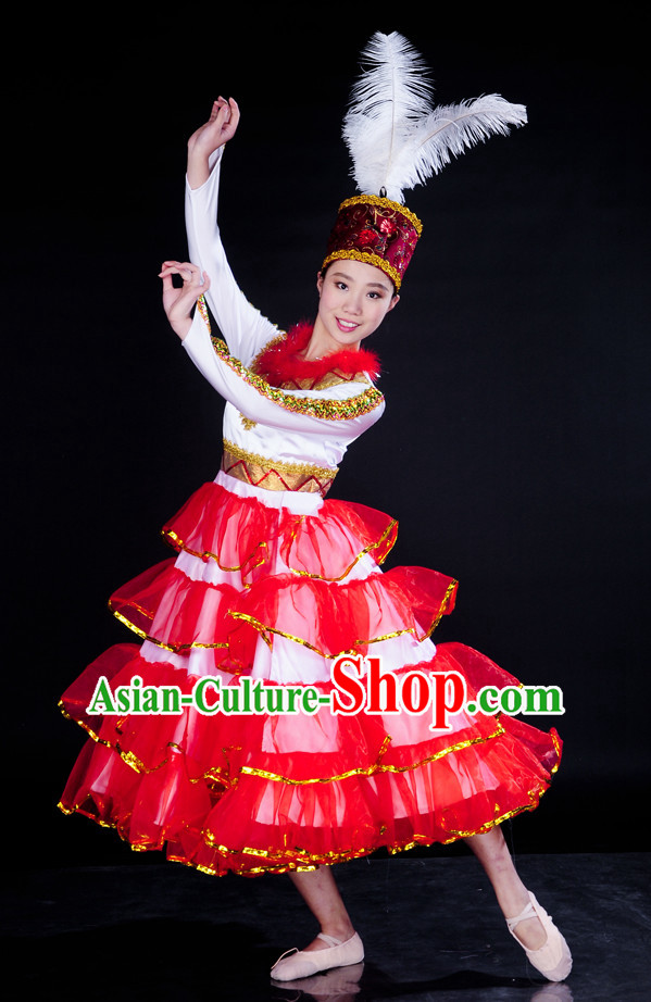 China Stage Ethnic Xinjiang Dance Costume and Headpiece for Girls