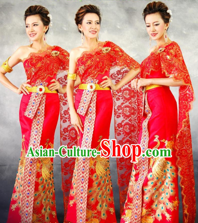 Traditional Thailand Formal Wedding Dresses National Costumes and Hair Accessories Complete Set for Women