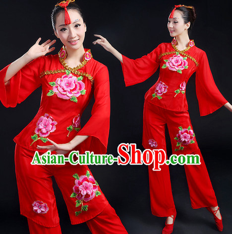 Chinese New Yer Gala Folk Fan Dance Costume and Head Pieces Compelte Set