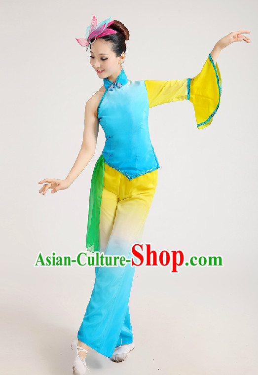 Chinese Festival Celebration Fan Group Dance Costume and Hair Jewelry