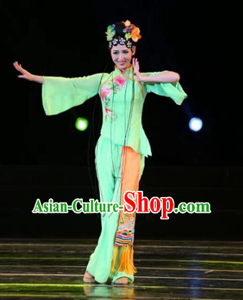 Top Chinese Fan Dancing Costume and Hair Decorations Complete Set