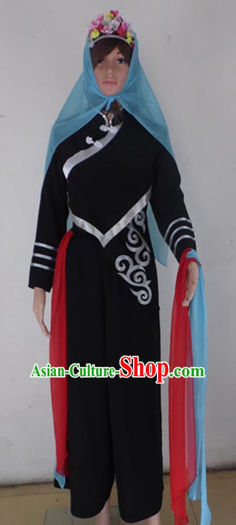 Chinese Quality Folk Dance Costumes and Bamboo Hat Complete Set for Women
