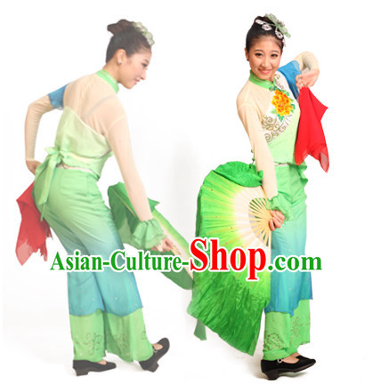 Chinese Teenagers Folk Fan Dance Costume and Headpieces for Competition